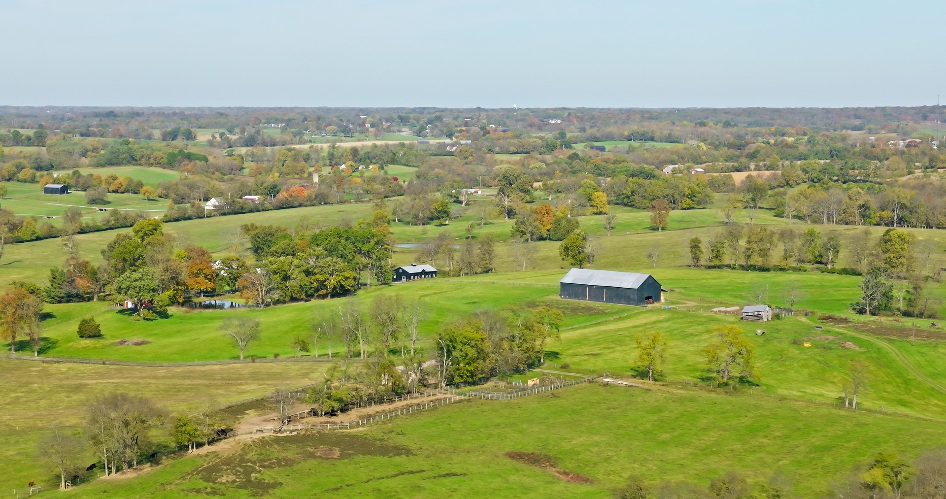 Aerial Shot of Farmhouse and Barn near Georgetown, Scott County, Kentucky